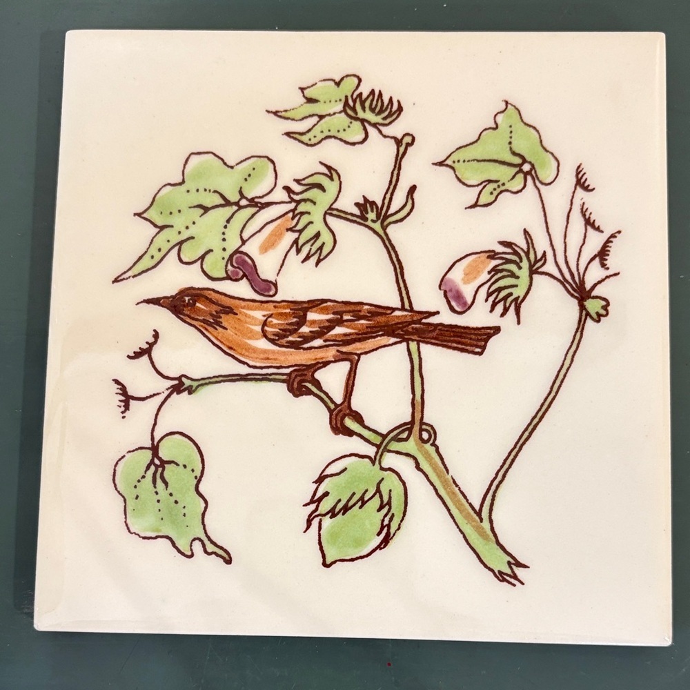 Handpainted Ceramic Tile with Bird & Vine Motif - Cream, Green, Brown